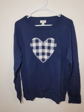 J.Crew Teddie Sweater In Blue W/Gingham Heart Size Medium BNWT